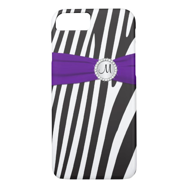 Monogrammed Purple, Black, White Zebra Striped Case-Mate iPhone Case (Back)