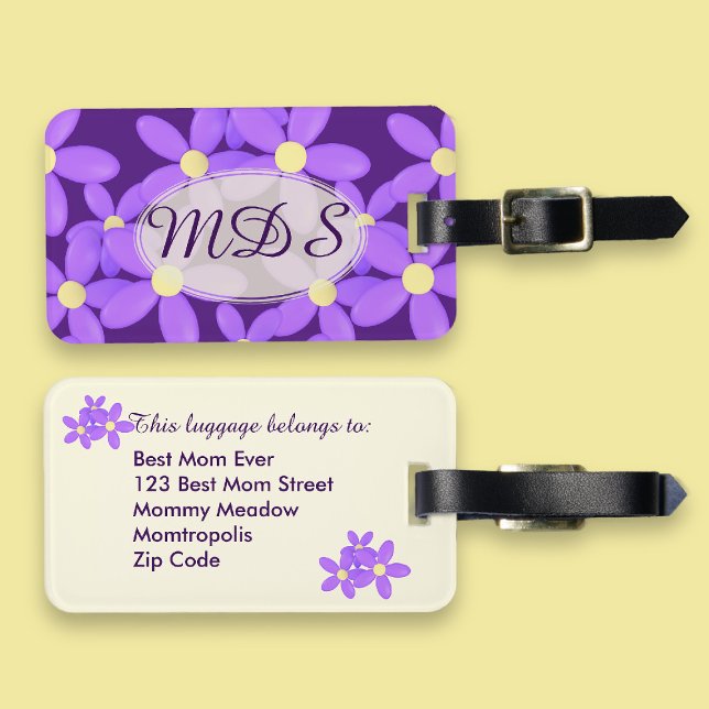 Monogrammed Purple Daisy Floral Luggage Tag (For Mother's Day or just because you love your Mom. Add her details)