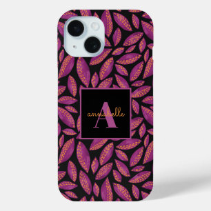 Monogrammed Purple Fall Leaves Pattern iPhone 15 Case