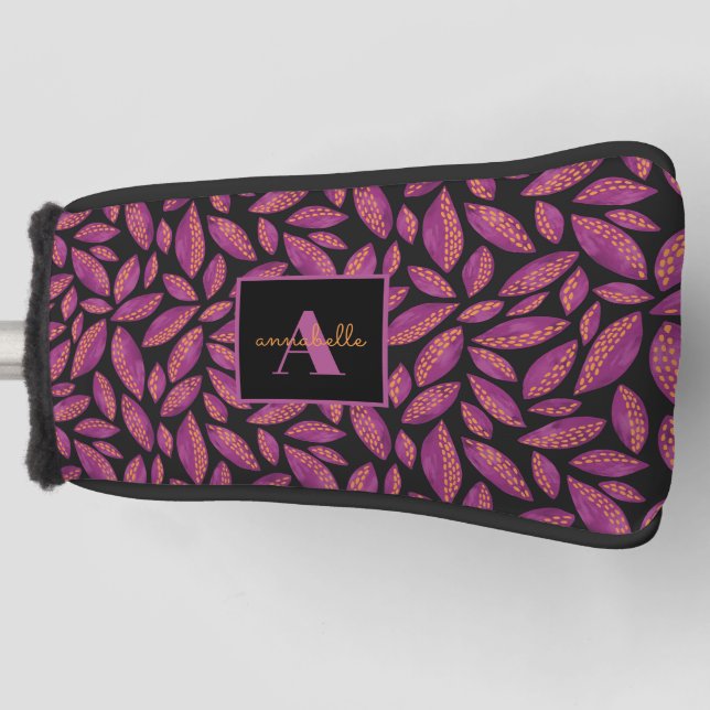 Monogrammed Purple Fall Leaves Pattern Golf Head Cover (Front)