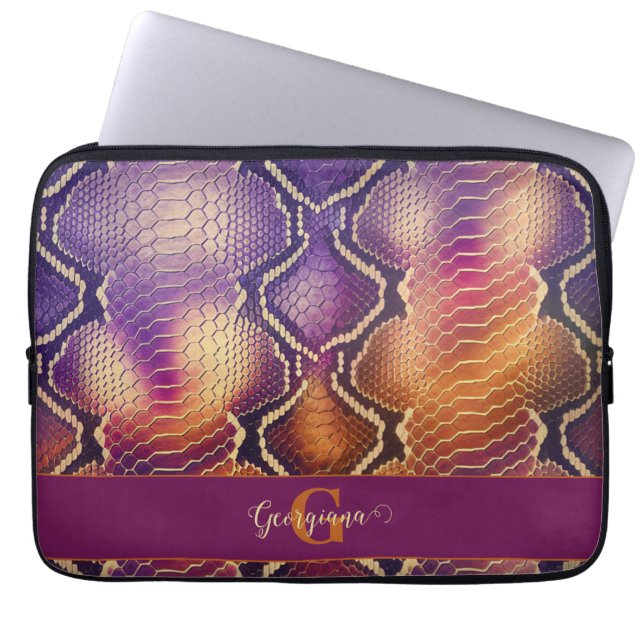 Monogrammed Purple & Gold Shimmering Snake Skin Laptop Sleeve (Front)