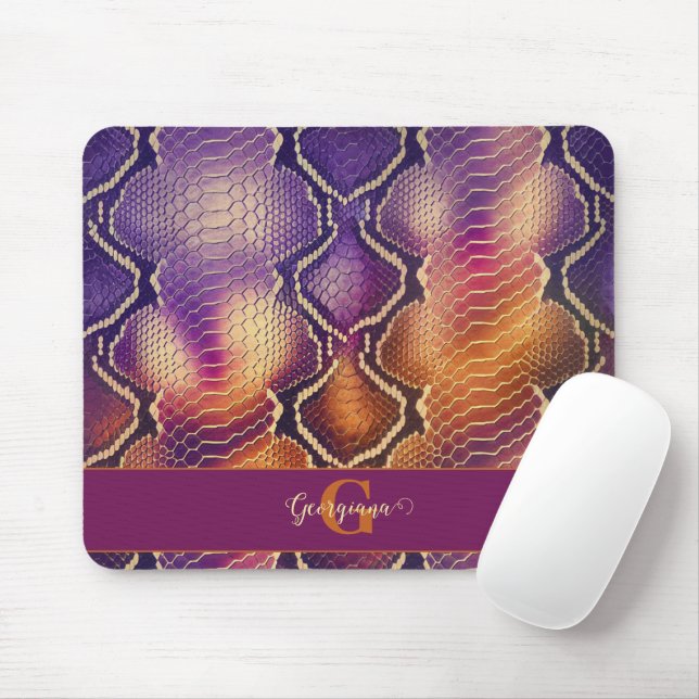 Monogrammed Purple & Gold Shimmering Snake Skin Mouse Pad (With Mouse)