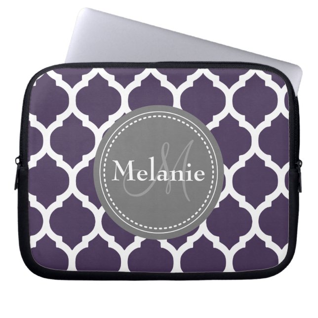 Monogrammed Purple & Grey Quatrefoil Laptop Sleeve (Front)