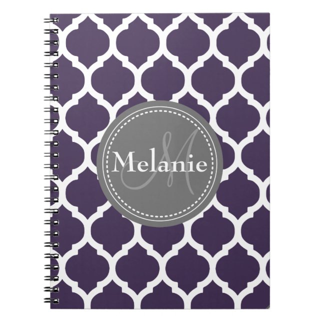 Monogrammed Purple & Grey Quatrefoil Notebook (Front)