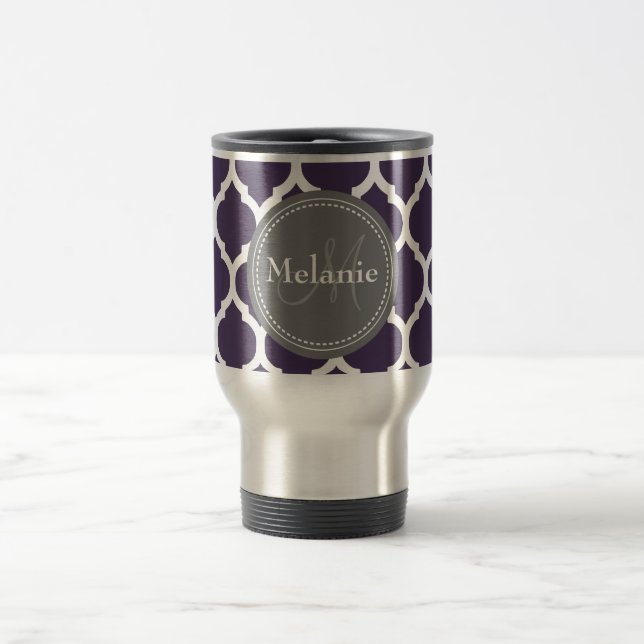 Monogrammed Purple & Grey Quatrefoil Travel Mug (Center)