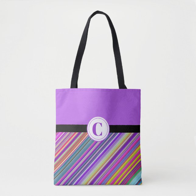Monogrammed Purple Striped All-Over-Print Tote Bag (Front)