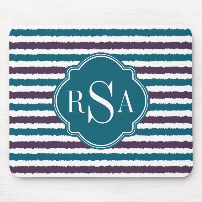 Monogrammed Purple Teal Ikat Stripe Pattern Mouse Pad (Front)