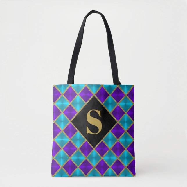 Monogrammed Purple Turquoise Gold Glitter Tote Bag (Front)