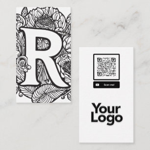 Monogrammed R Black and White Floral QR Code Logo Business Card