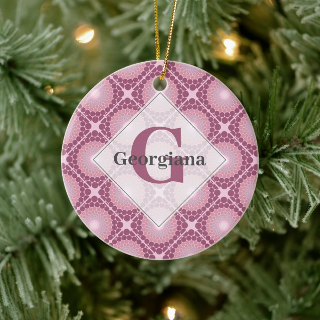 Monogrammed Radiant Dusky Rose Dot Mandala Tiled Ceramic Tree Decoration (Tree)