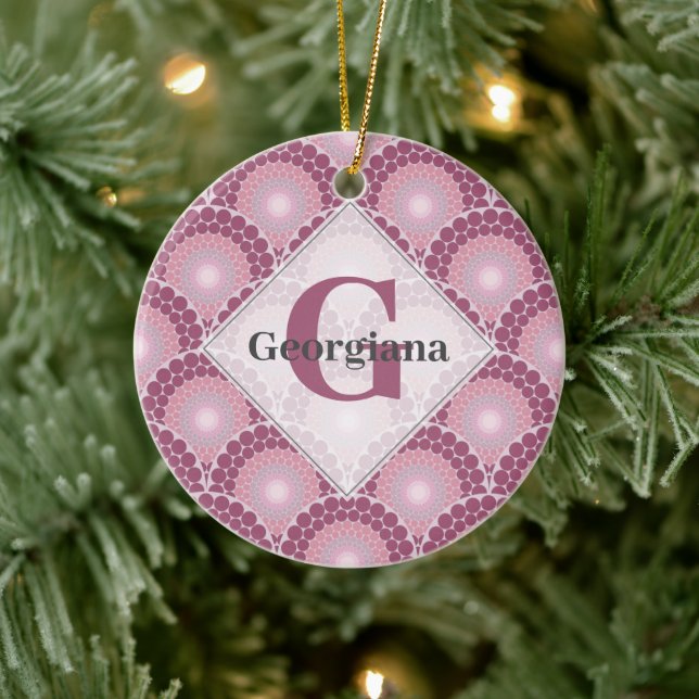 Monogrammed Radiant Pinks Dusky Rose Dot Mandala Ceramic Tree Decoration (Tree)