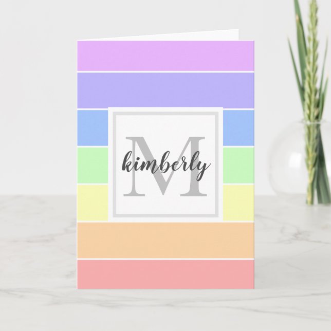 Monogrammed Rainbow Colourful Stripes Pattern Card (Front)