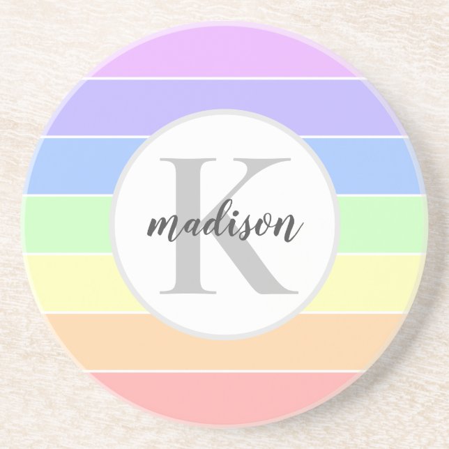Monogrammed Rainbow Colourful Stripes Pattern Coaster (Front)