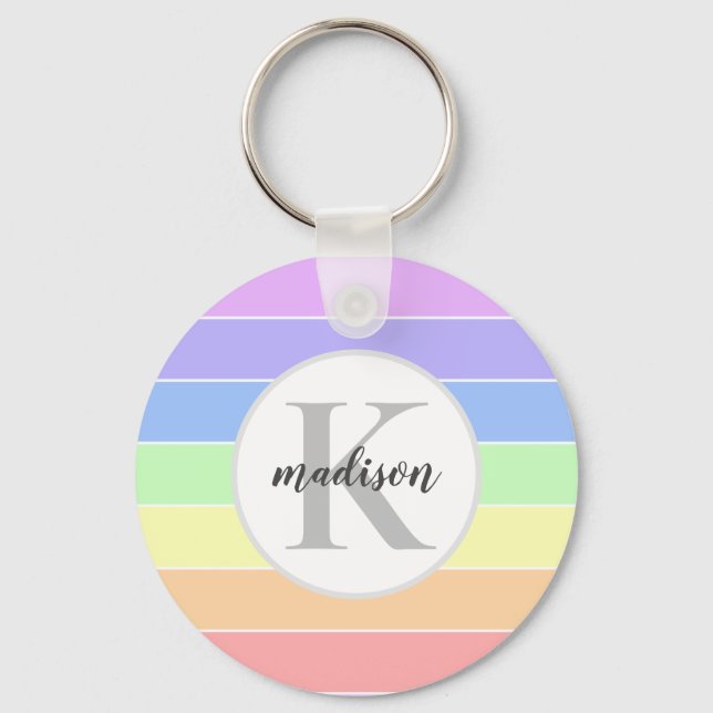 Monogrammed Rainbow Colourful Stripes Pattern Key Ring (Front)