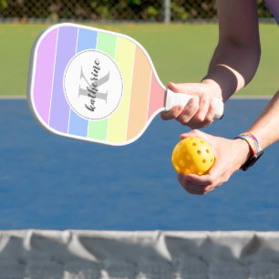 Monogrammed Rainbow Colourful Stripes Pattern Pickleball Paddle
