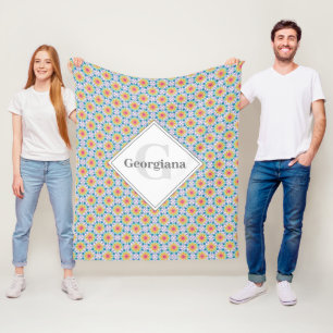 Monogrammed Rainbow Floral Mandala Art Deco Fans Fleece Blanket