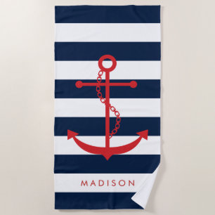Monogrammed Red Anchor on Navy Stripes Beach Towel