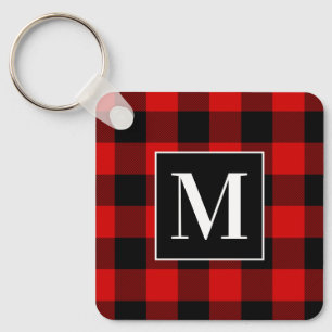 Monogrammed Red and Black Buffalo Plaid Key Ring