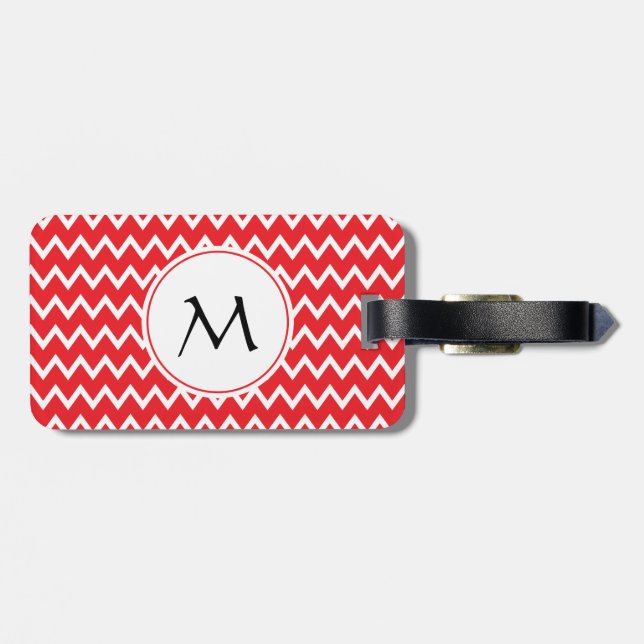 Monogrammed Red and White Chevron Pattern Luggage Tag (Back Horizontal)