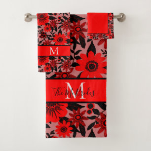 Monogrammed Red, Black and Pink Jungle Floral Bath Towel Set