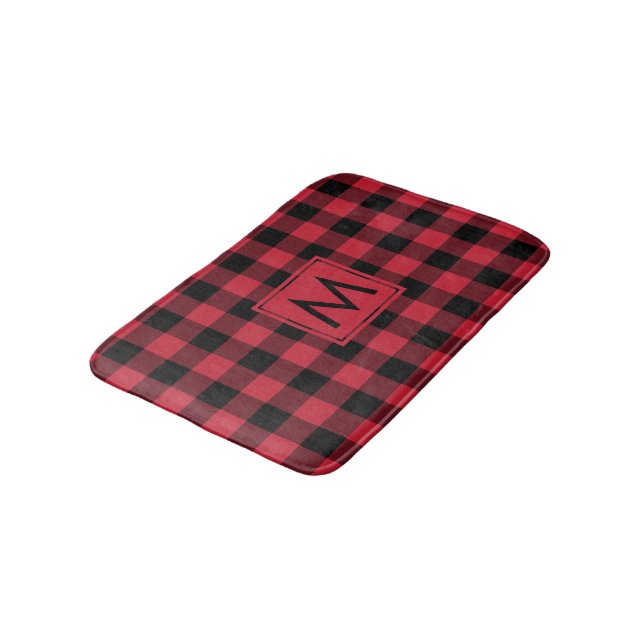 Monogrammed Red Black Buffalo Plaid Pattern Bath Mat (Angled)