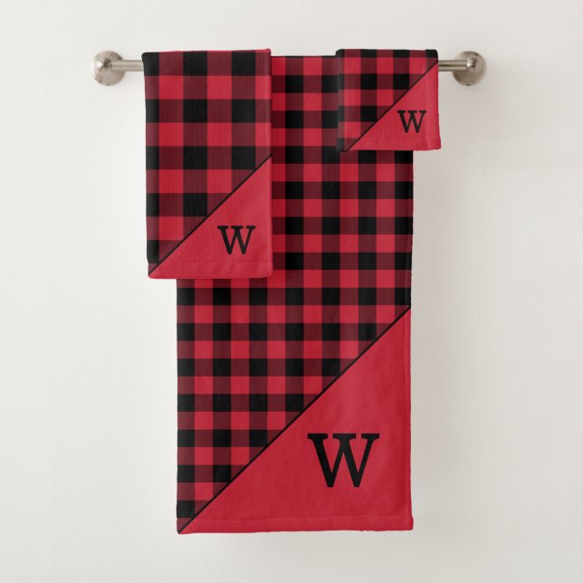 Monogrammed Red Black Buffalo Plaid Pattern Bath Towel Set (Insitu)
