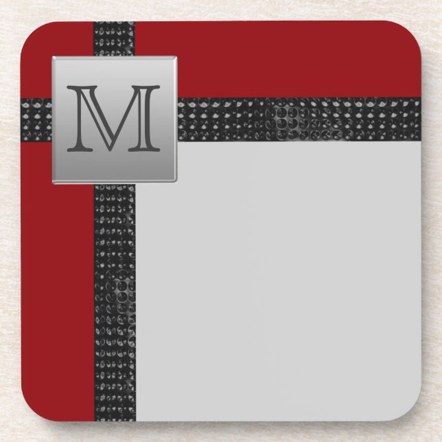 Monogrammed Red Black Grey Coaster Set (6) (Front)