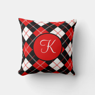 Monogrammed Red Black White Argyle Plaid  Cushion