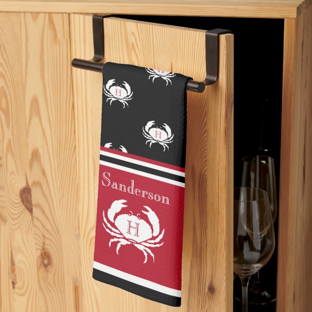 Monogrammed Red Black White Crab Nautical Apron Tea Towel (Thirds Fold)