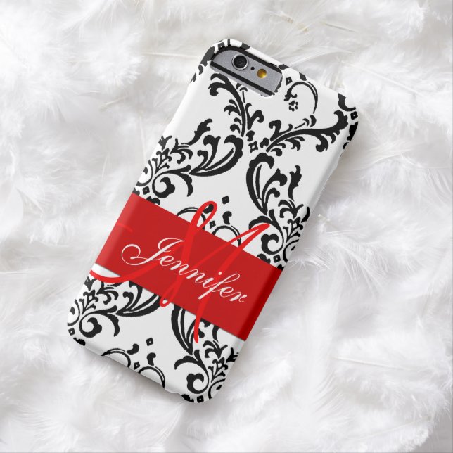 Monogrammed Red Black White Swirls Damask Case-Mate iPhone Case (In Situ)