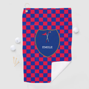 Monogrammed Red Blue Checks & golf club & flag Gol Towel