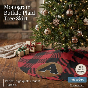 Monogrammed Red Buffalo Plaid Christmas  Brushed Polyester Tree Skirt