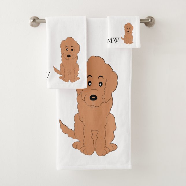 Monogrammed Red Goldendoodle Dog Design Bath Towel Set (Insitu)