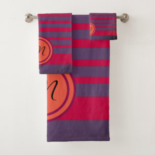 Monogrammed Red Gray Stripes Bathroom Towel Set