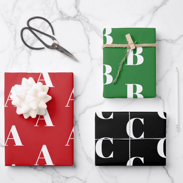 Monogrammed red green black custom initial pattern wrapping paper sheet (Front)