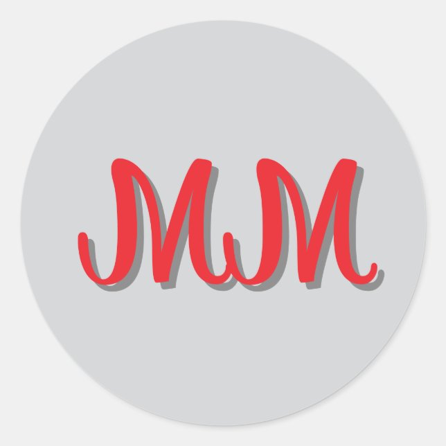 Monogrammed Red Grey Calligraphy  Classic Round Sticker (Front)