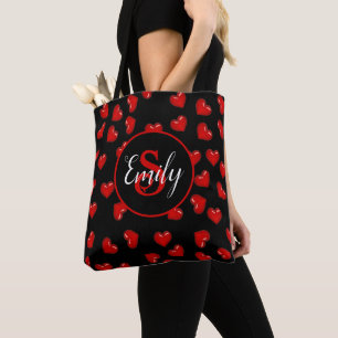 monogrammed Red hearts of love on black Tote Bag
