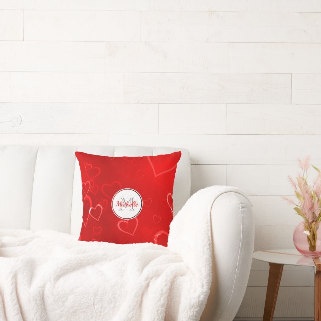Monogrammed Red Hearts Pattern Cushion (Couch)