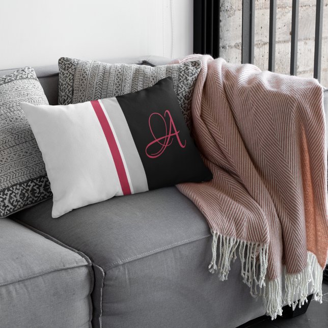 Monogrammed Red Magenta Gray Black Striped Lumbar Cushion (Creator Uploaded)