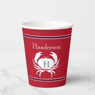 Monogrammed Red  Navy Blue and White Crab Nautical Paper Cups