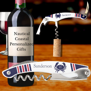 Monogrammed Red Navy Blue White Crab Nautical Corkscrew