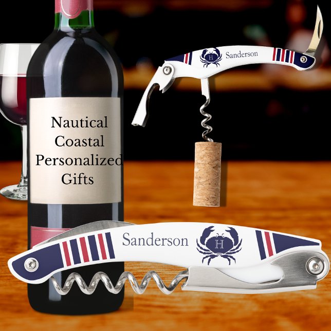 Monogrammed Red Navy Blue White Crab Nautical  Corkscrew (Creator Uploaded)