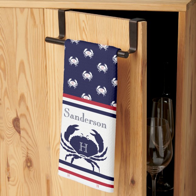 Monogrammed Red  Navy Blue White Crab Nautical  Tea Towel (Thirds Fold)