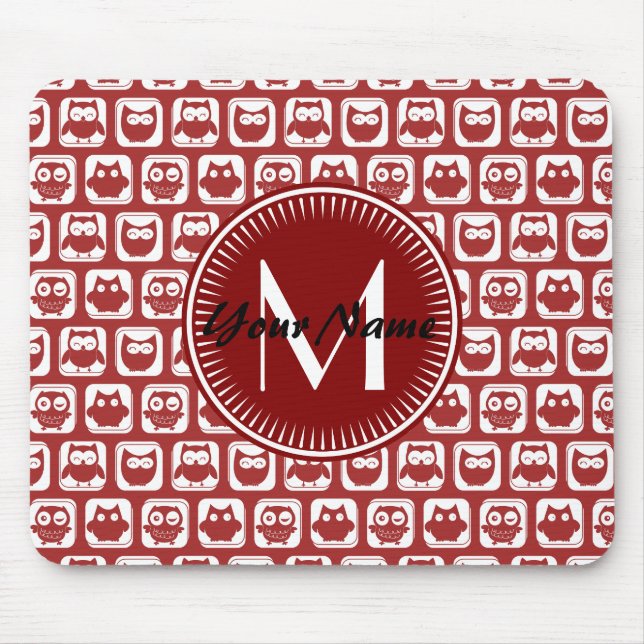 Monogrammed Red Owls, Personalised Name Mouse Pad (Front)