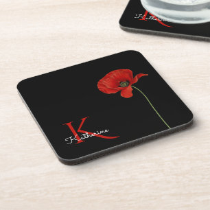 Monogrammed  Red Poppy on Black Coaster