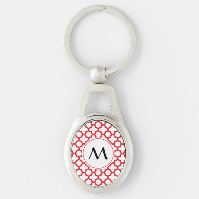 Monogrammed Red Quatrefoil Pattern Key Ring (Front)