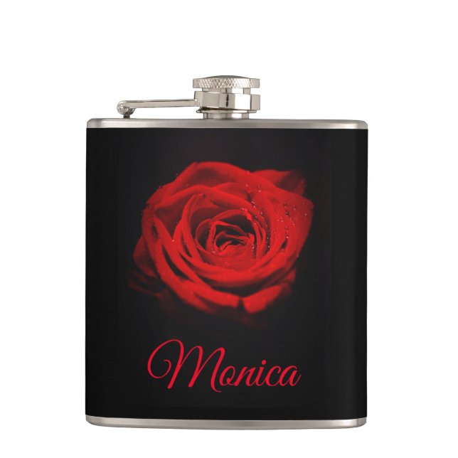 Monogrammed Red Rose Hip Flask (Front)