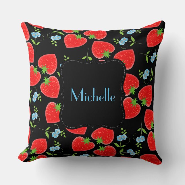 Monogrammed Red Strawberries and Blue Forgetmenots Cushion (Front)