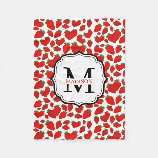 Monogrammed Red Strawberries Pattern Fleece Blanket (Front)