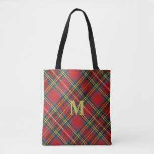 Monogrammed Red Tartan Plaid Tote Bag